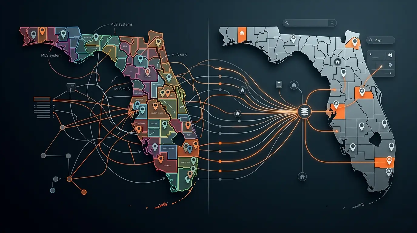 A high-end editorial data visualization contrasting Florida MLS fragmentation with a unified statewide system. On a dark background, the left side features a chaotic, multi-colored Florida map broken into disconnected puzzle-piece regions with overlapping data lines and tangled nodes representing fragmented MLS systems. The right side features a clean, minimal, unified gray Florida map connected by smooth, optimized orange lines streaming into a single centralized database node, accented with modern real estate icons and search UI overlays.
