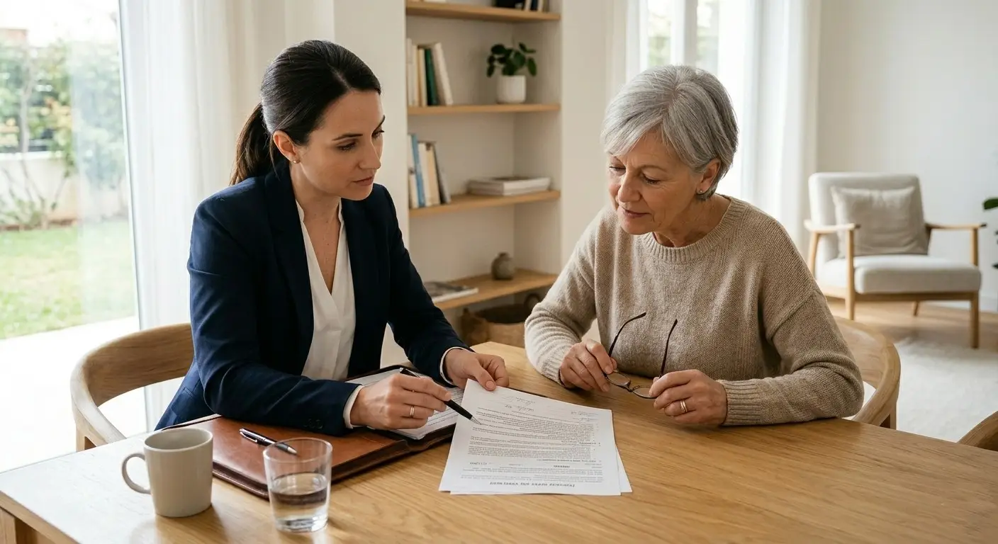 A professional real estate agent and a senior homeowner are sitting side-by-side at a wooden table inside a bright, modern home. The agent, a woman with dark hair in a navy blazer, is holding a pen and pointing to a purchase offer document on the table. The document has been turned around so that it faces the homeowner, who is looking down at it intently while holding her eyeglasses. The background features a clean, bright living space with large windows, natural daylight, and minimalist decor.
