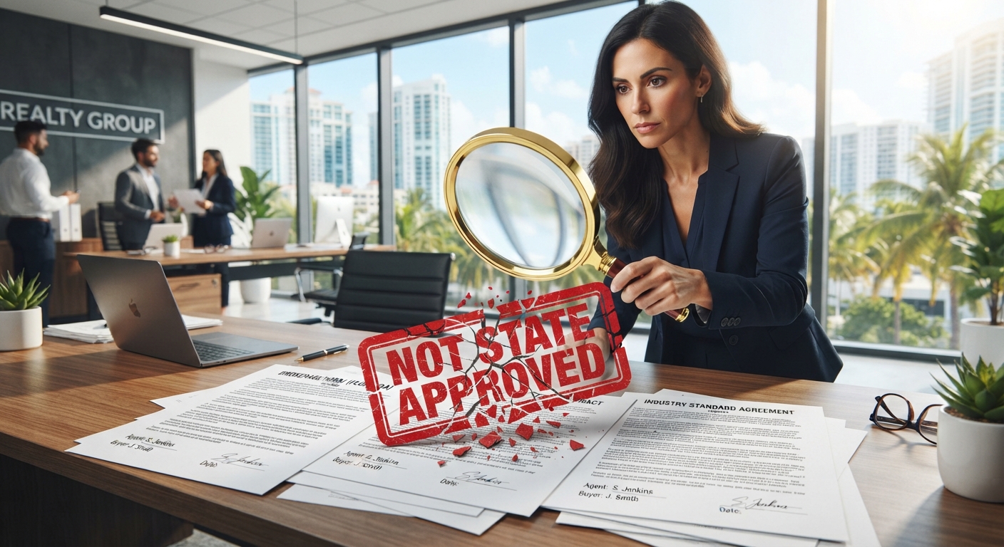 Florida real estate agent reviewing different contract and brokerage forms while learning that Florida does not approve real estate forms.