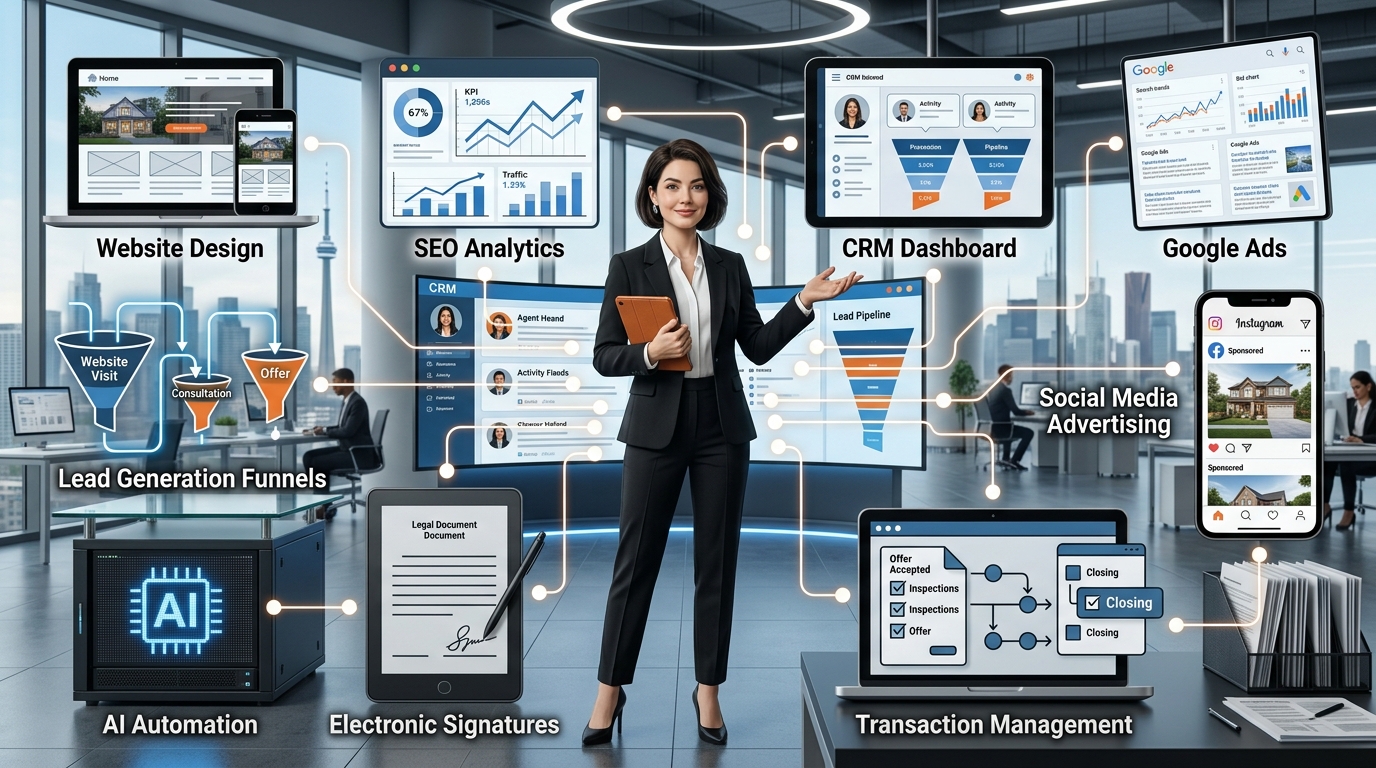 Easy Realty real estate agent technology stack illustration showing websites, CRM systems, SEO, lead generation, transaction management, and digital marketing tools.