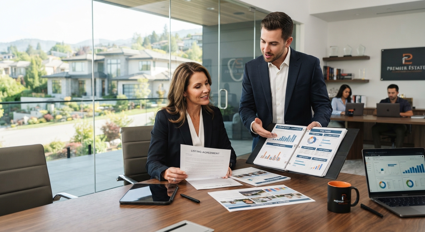 Listing agreement cancellation discussion between a real estate broker and agent reviewing marketing efforts before releasing a home listing