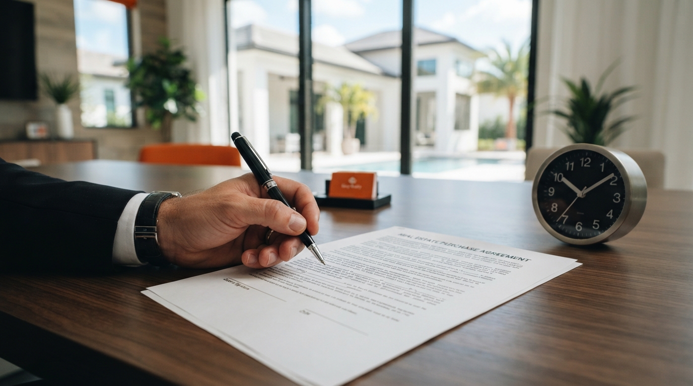 Real estate contract and clock on a conference table representing professional commitments and the value of an agent’s time.